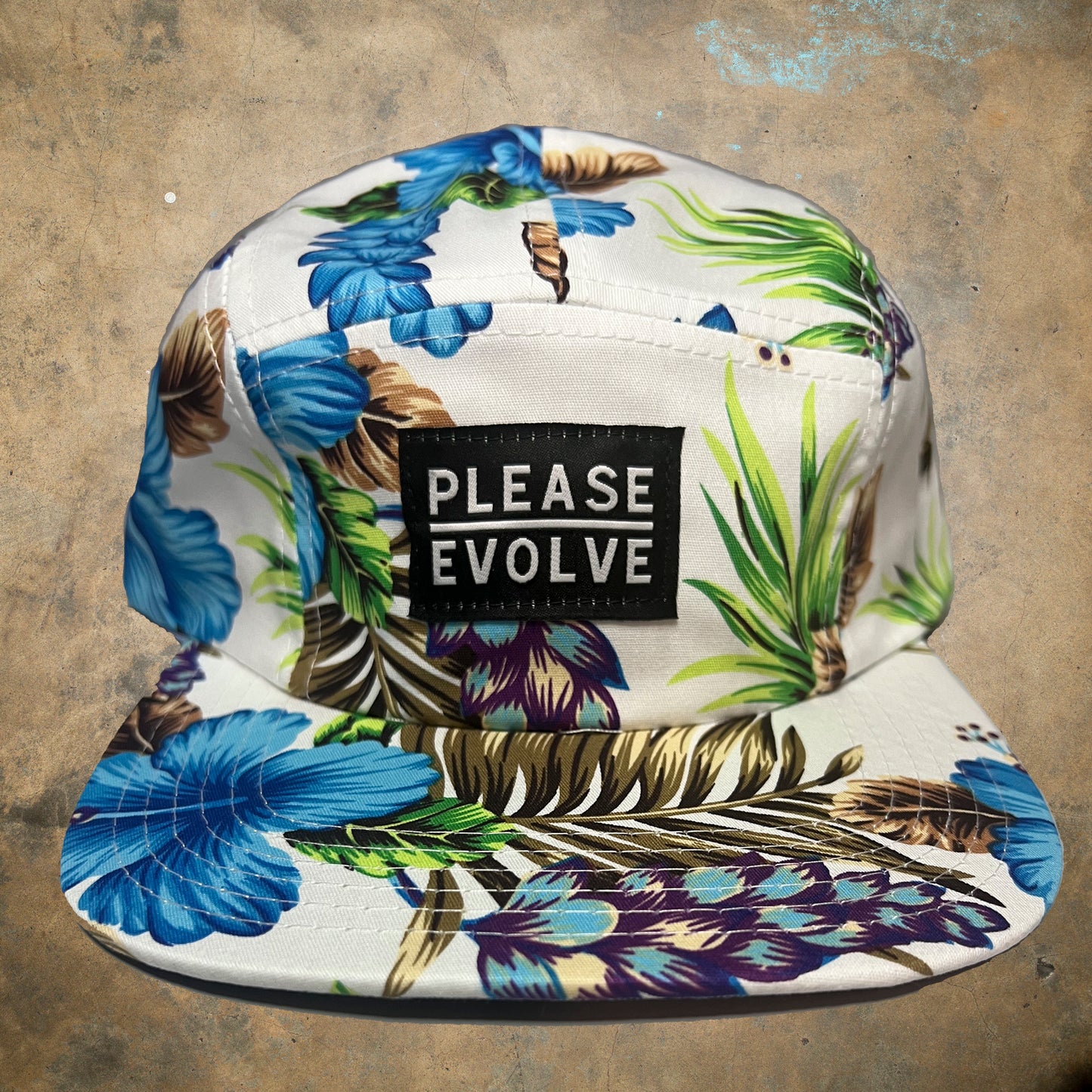 Please Evolve 5 Panel Hat White Blue Floral