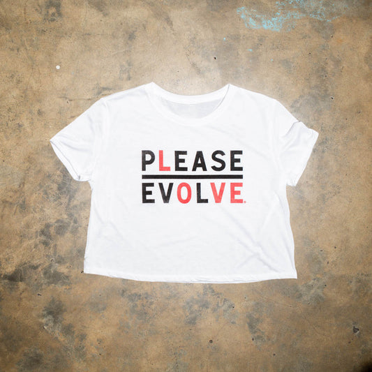 Please Evolve but with a twist. Please Love is a new version of our logo. Stylish colorways. Look for the limited edition colorways to benefit nonprofits. Super soft and comfy tri blend white crop. Black red logo.