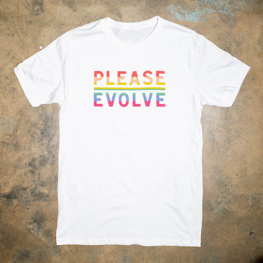 100% cotton whie t shirt, original log with PRIDE colorway