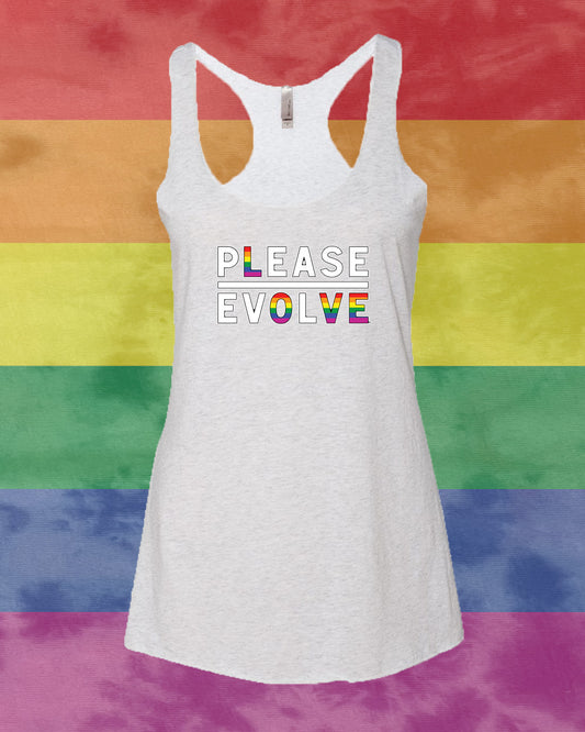 Please Love Tri Blend Racer Back Tank Heather Gray With Pride Logo