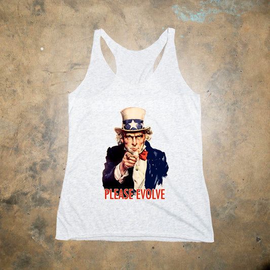 Patriot Pack Uncle Sam Please Evolve White Heather Tri Blend Racer Back Tank Free Shipping
