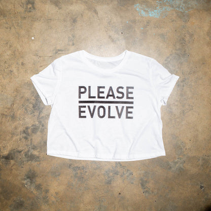 Please Evolve original logo. White tri blend crop, super soft and durable. Logo is black.. 