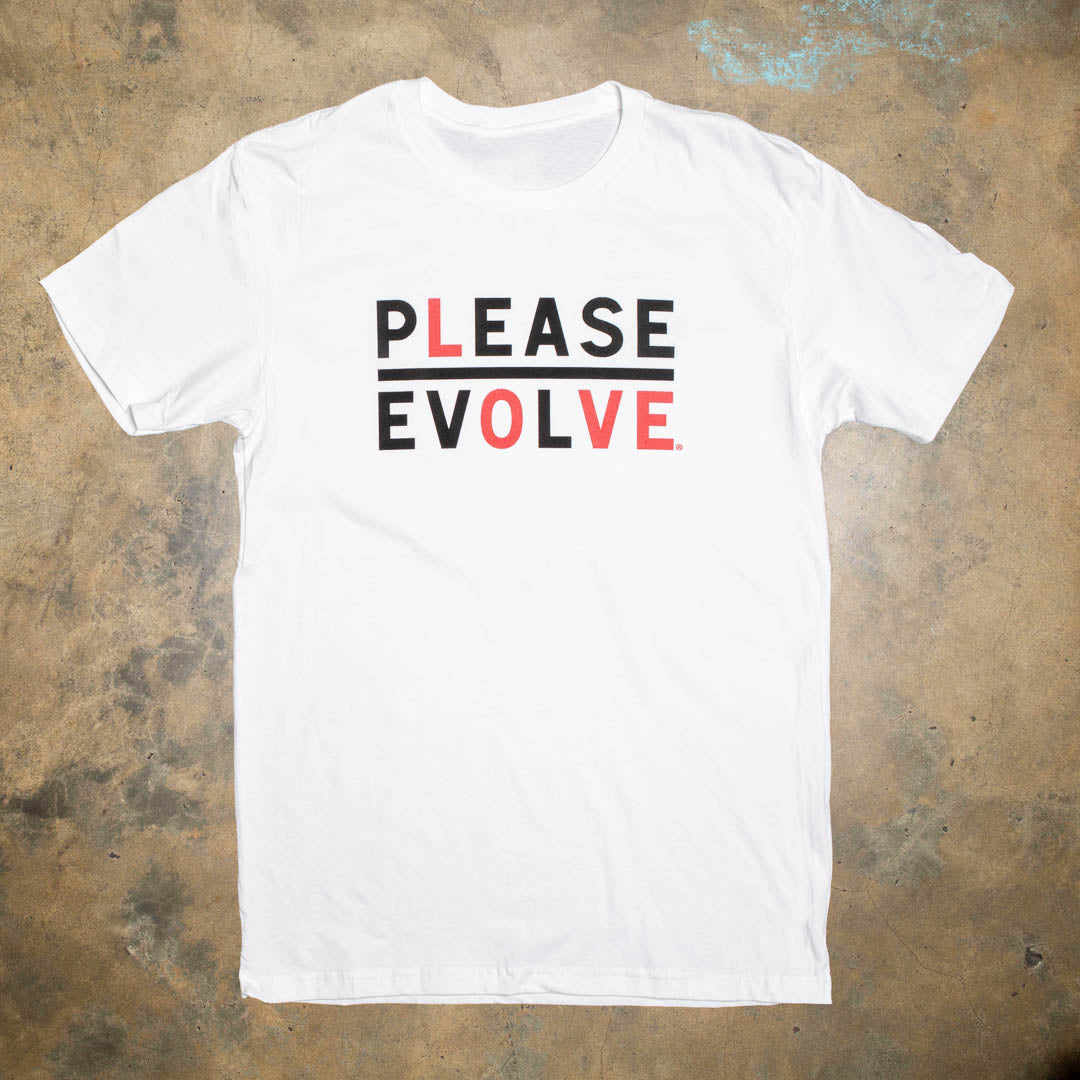 Please Evolve but with a twist. Please Love is a new version of our logo.  Stylish colorways. Look for the limited edition colorways to benefit nonprofits.  100% Cotton white tee. Black Red colorway.