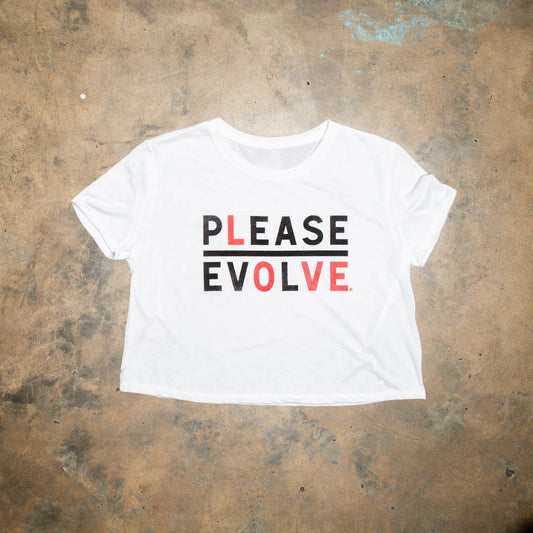 Please Evolve but with a twist. Please Love is a new version of our logo.  Stylish colorways. Look for the limited edition colorways to benefit nonprofits.  Super soft and comfy tri blend white crop. Black red logo.