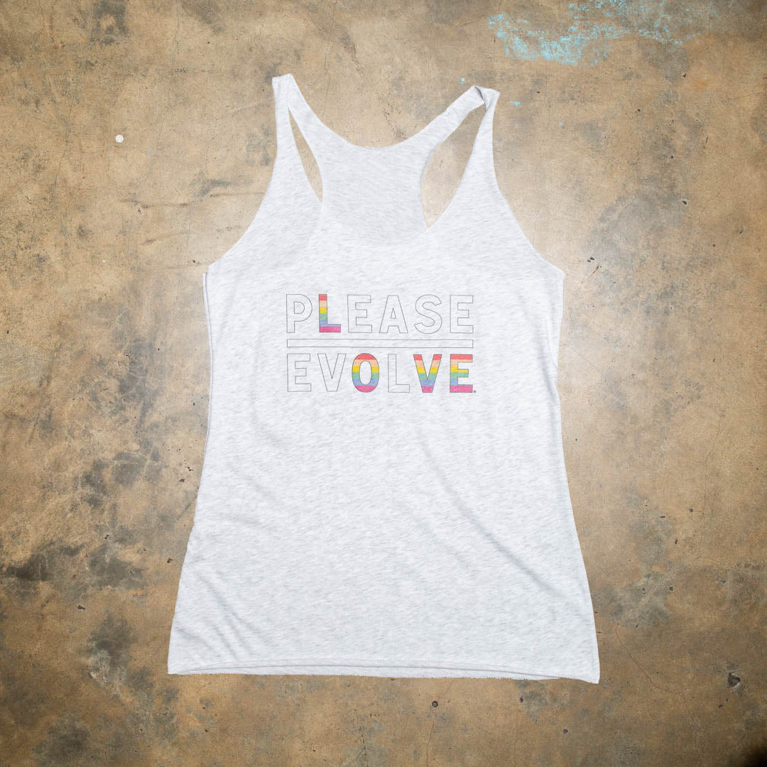 Please Love Pride logo.  Super soft and comfy tri blend heather tank.  White with Black stroke and PRIDE logo.