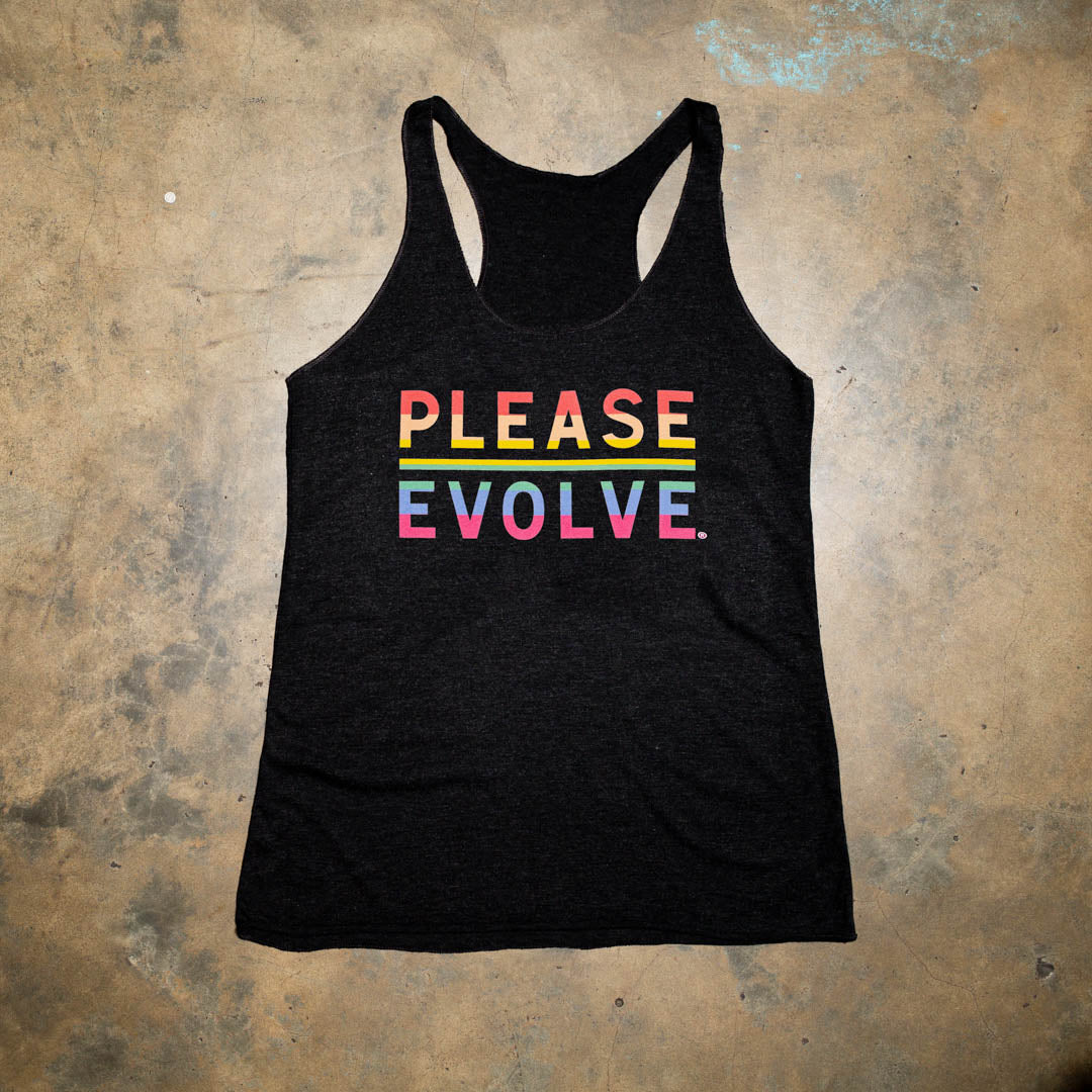 This is the original logo in Pride colorway.  Show support everyday!  Black tri blend racer back tank. Super Soft. Original logo in Pride colorway.