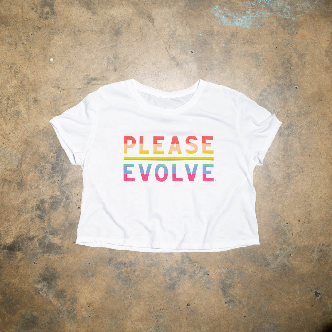 Show support for the community with the original logo in Pride colorway.  Check out www.pleasebloom.org   Super soft white tri blend crop with Pride colorway