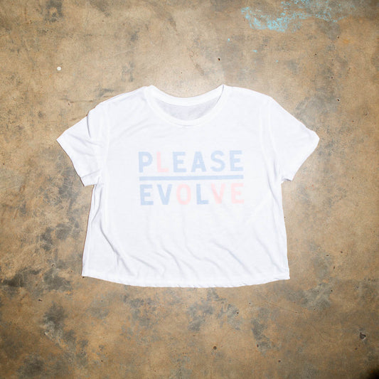 Please Evolve but with a twist. Please Love is a new version of our logo.  Super soft and comfy white tri blend crop. Light Blue Pale Pink colorway.  Stylish colorways. Look for the limited edition colorways to benefit nonprofits.