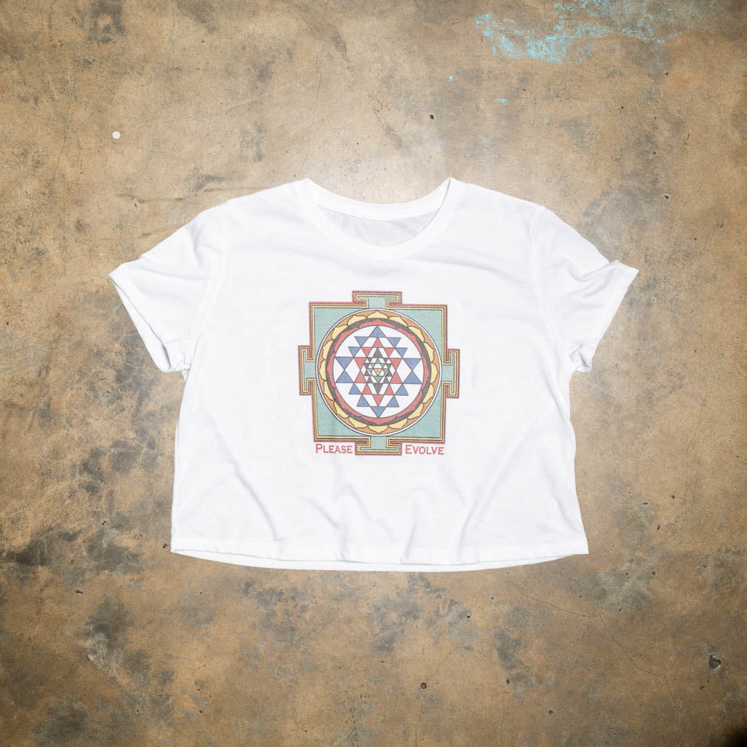 Do some yoga, meditate and chill before you hit the busy streets.  Keep the vibe alive with this classic and authentic mandala design.  Super soft and comfy White tri blend crop. Vintage Mandala graphic with muted earth colors