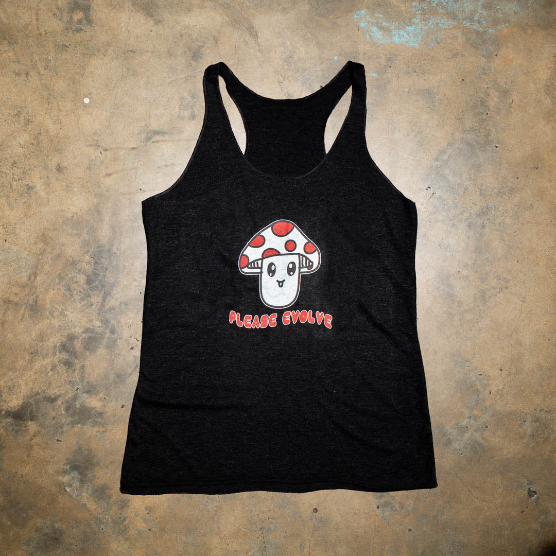 Project your happiness with this Happy Mushroom graphic. It works.  Black tri blend racer back tank. Super soft for a vintage look and feel.  Red and White Mushroom print.