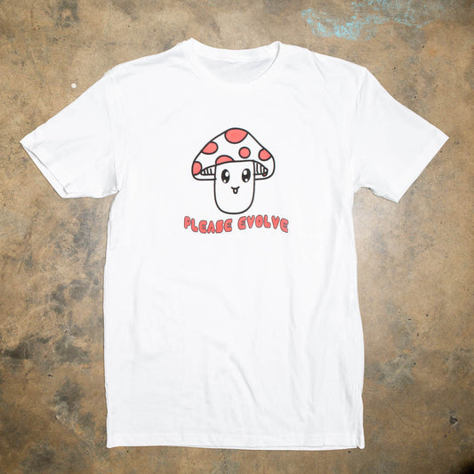 100% cotton white  t shirt with Happy red and white  Mushroom graphic.