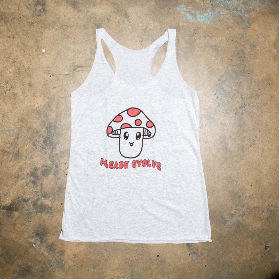 Project your happiness with this Happy Mushroom graphic. It works.  Heather Gray tri blend racer back. Super soft for a vintage look and feel.  Mushroom graphic red white colorway.