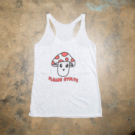 Project your happiness with this Happy Mushroom graphic. It works.  Heather Gray tri blend racer back. Super soft for a vintage look and feel.  Mushroom graphic red white colorway.