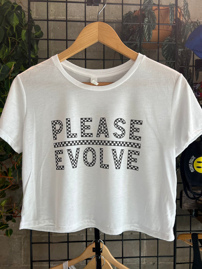 Please Evolve Tri Blend Crop White With Checkered Logo